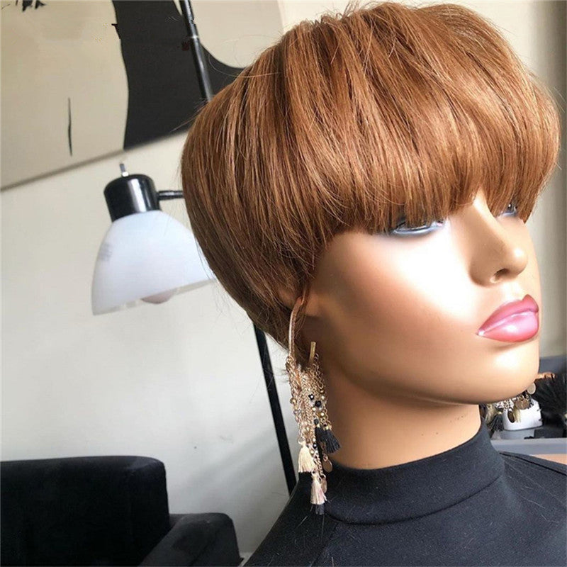 European & American Style Short Synthetic Wig for Women - Natural Black & Brown, Breathable, Slant Bangs