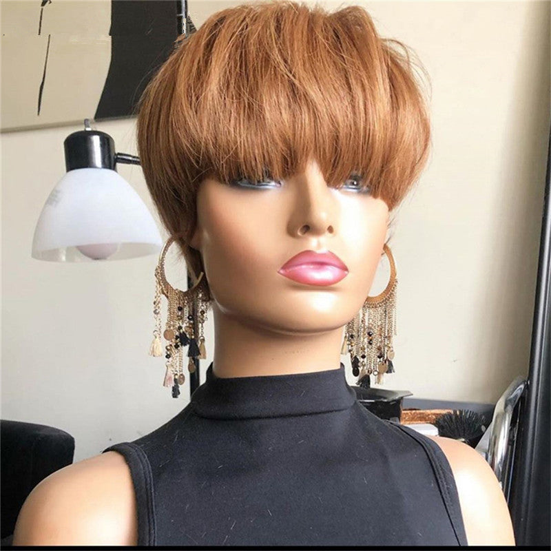 European & American Style Short Synthetic Wig for Women - Natural Black & Brown, Breathable, Slant Bangs