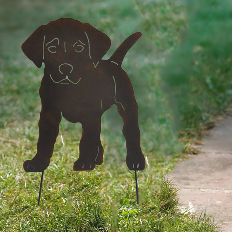 Wrought Iron Puppy Flower Silhouette Garden Ornament - Black 30x47cm