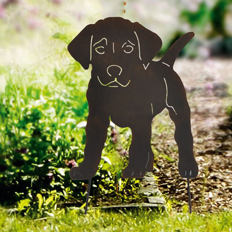 Wrought Iron Puppy Flower Silhouette Garden Ornament - Black 30x47cm
