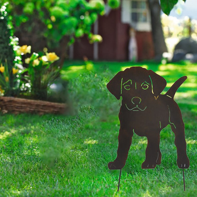 Wrought Iron Puppy Flower Silhouette Garden Ornament - Black 30x47cm