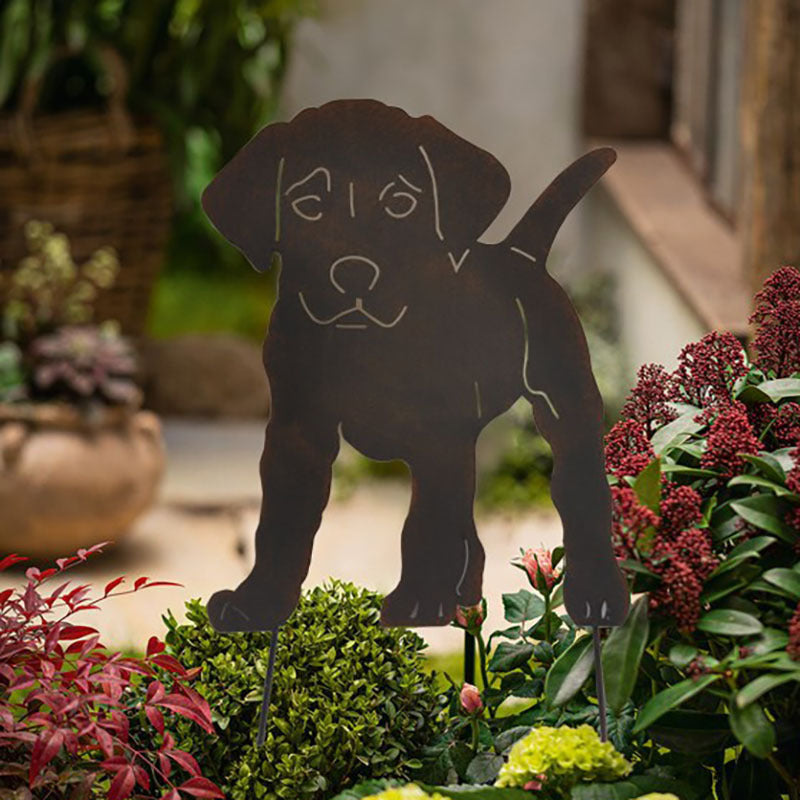 Wrought Iron Puppy Flower Silhouette Garden Ornament - Black 30x47cm
