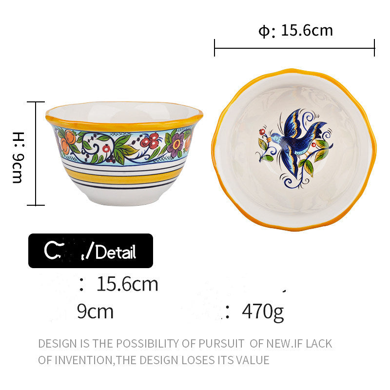 Ceramic Salad and Soup Bowl 6-Inch Green Flower Design Kitchen Tableware