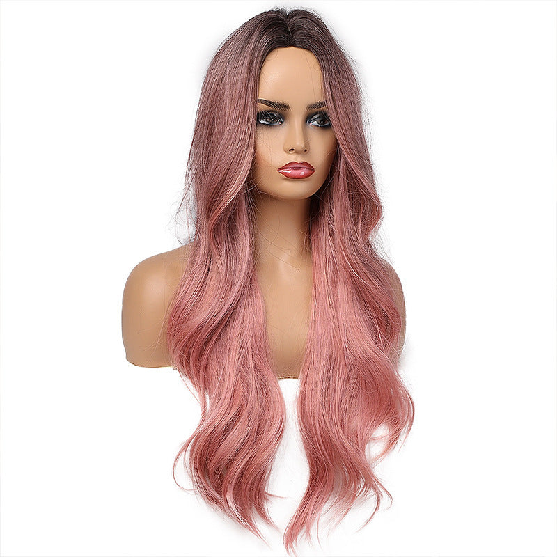 Long Curly Hair Wigs with Pink Lotus Root Gradient Color - High Temp Silk Head Cover 70cm
