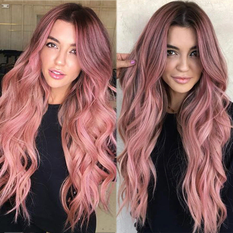 Long Curly Hair Wigs with Pink Lotus Root Gradient Color - High Temp Silk Head Cover 70cm