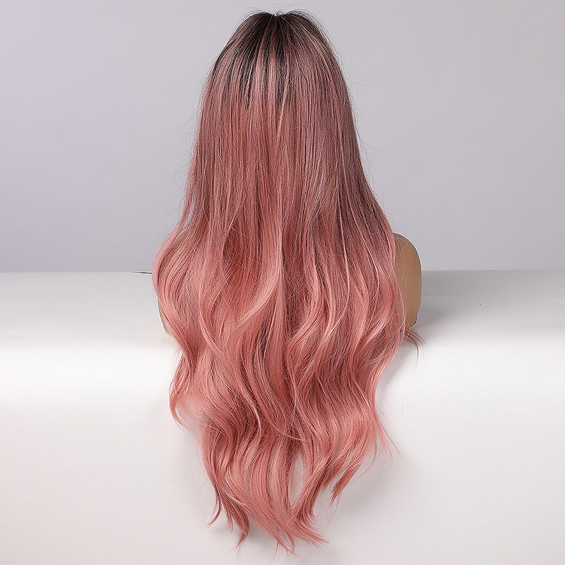 Long Curly Hair Wigs with Pink Lotus Root Gradient Color - High Temp Silk Head Cover 70cm