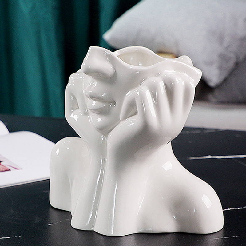 Ceramic Human Body Art Vase Sculpture Home Decor Ornament - White, 15x18cm