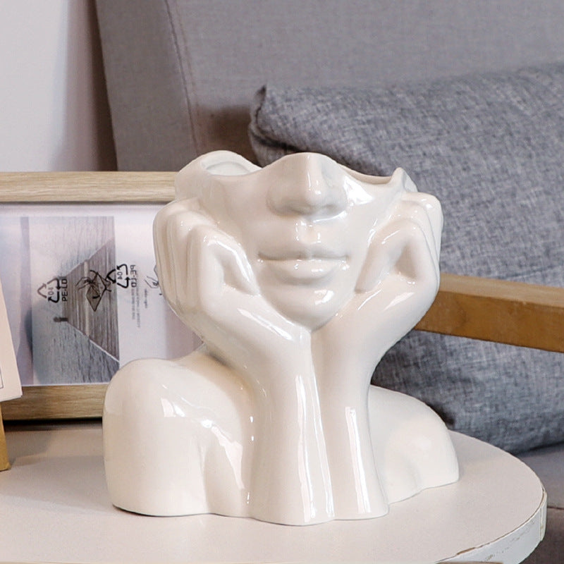 Ceramic Human Body Art Vase Sculpture Home Decor Ornament - White, 15x18cm
