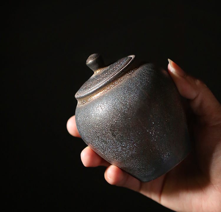 Small Ceramic Tea Caddy - Gilt Stoneware Storage Jar for Tea Keepers