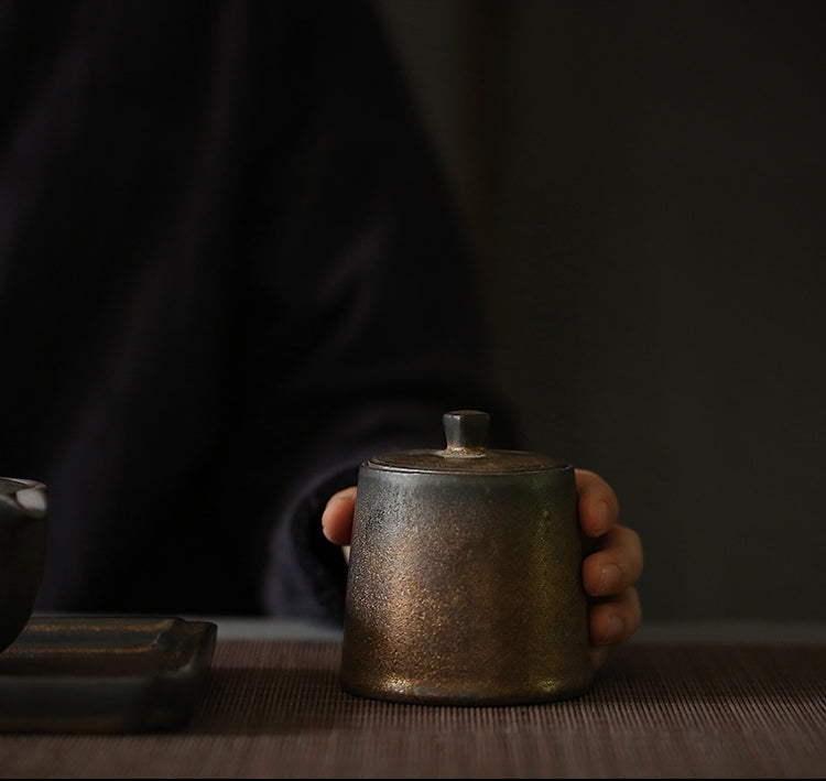 Small Ceramic Tea Caddy - Gilt Stoneware Storage Jar for Tea Keepers