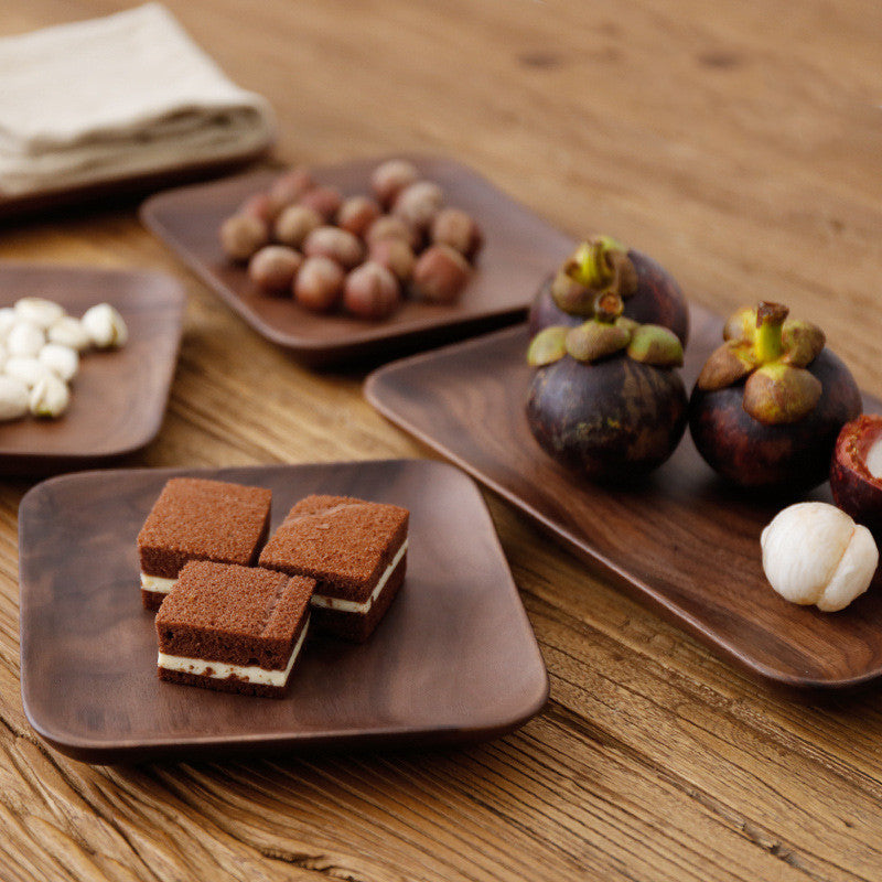 Japanese-Style Wooden Snack Plate Black Walnut & Beech Square & Long Sizes