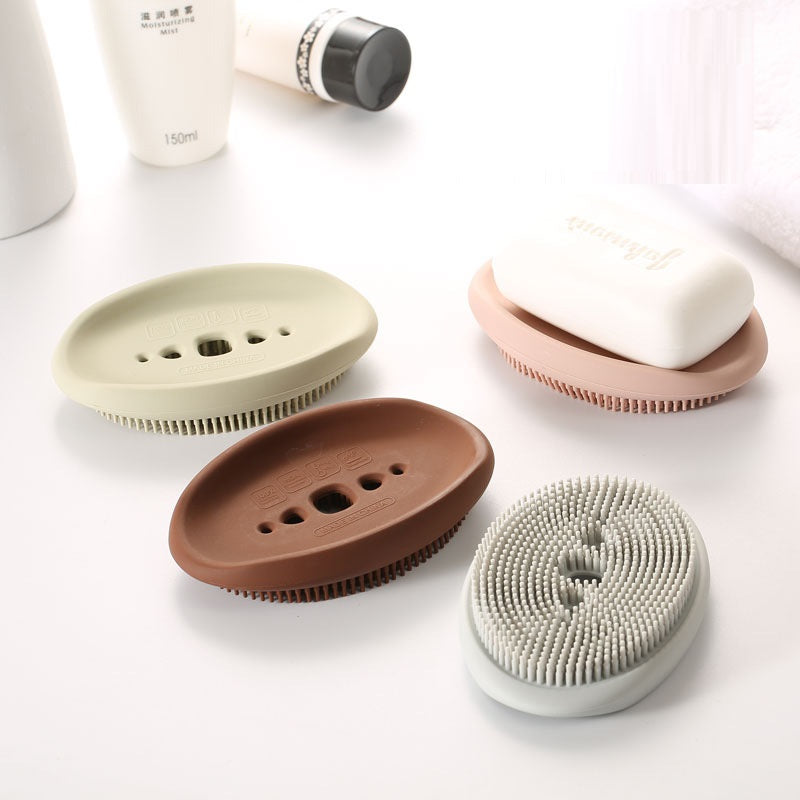 Double-Sided Silicone Soap Holder Box with Brush - Multifunctional Bathroom & Kitchen Storage