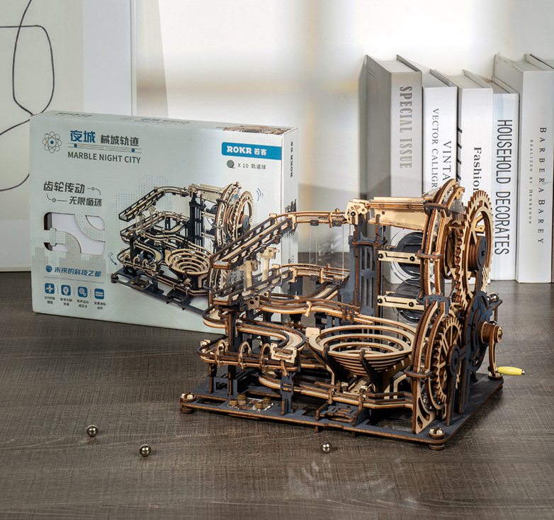 Wooden Marble Run Puzzle Kit with Waterwheels and Tracks - Kids & Adults
