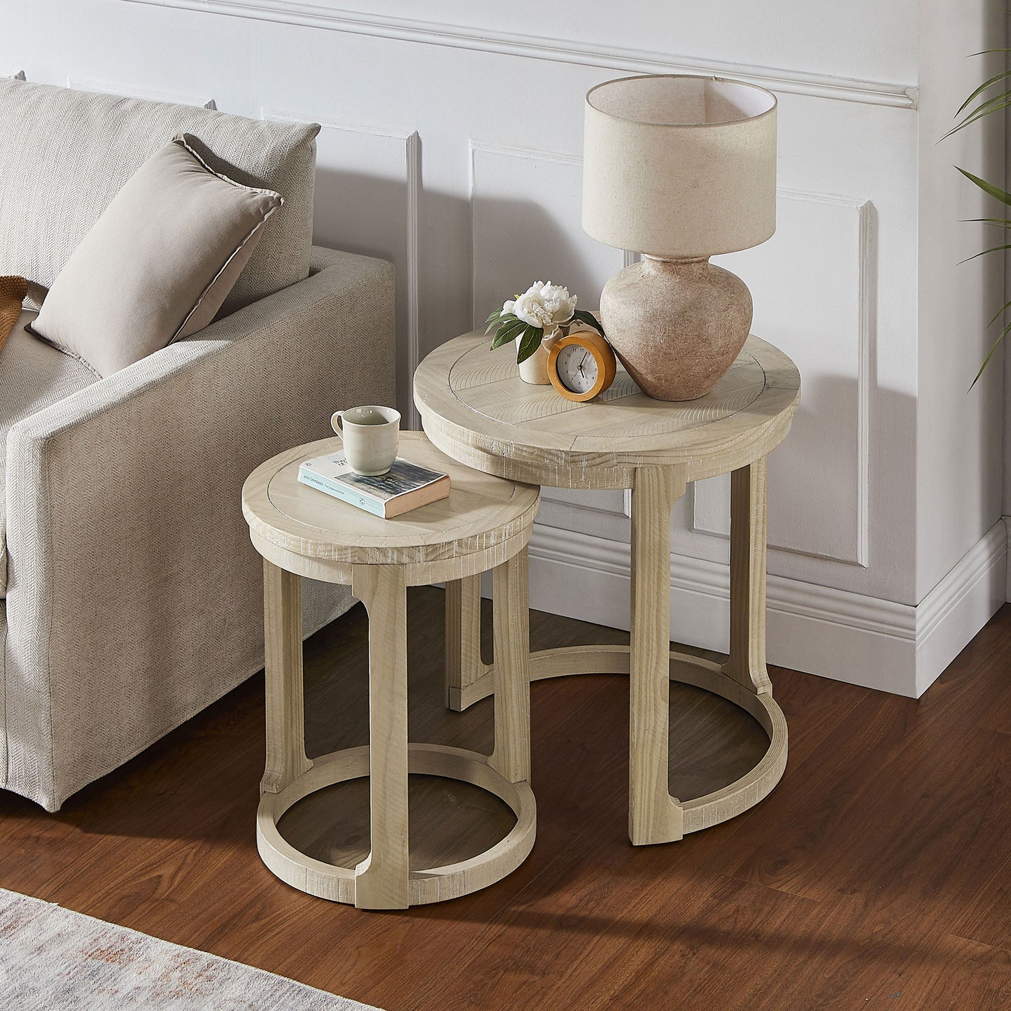 24-Inch Round Wooden Coffee Table Set - Oak Finish, 2-Piece