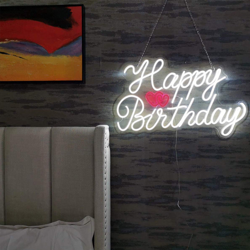 Happy Birthday Neon Sign - Holiday Party Decoration, White LED Light