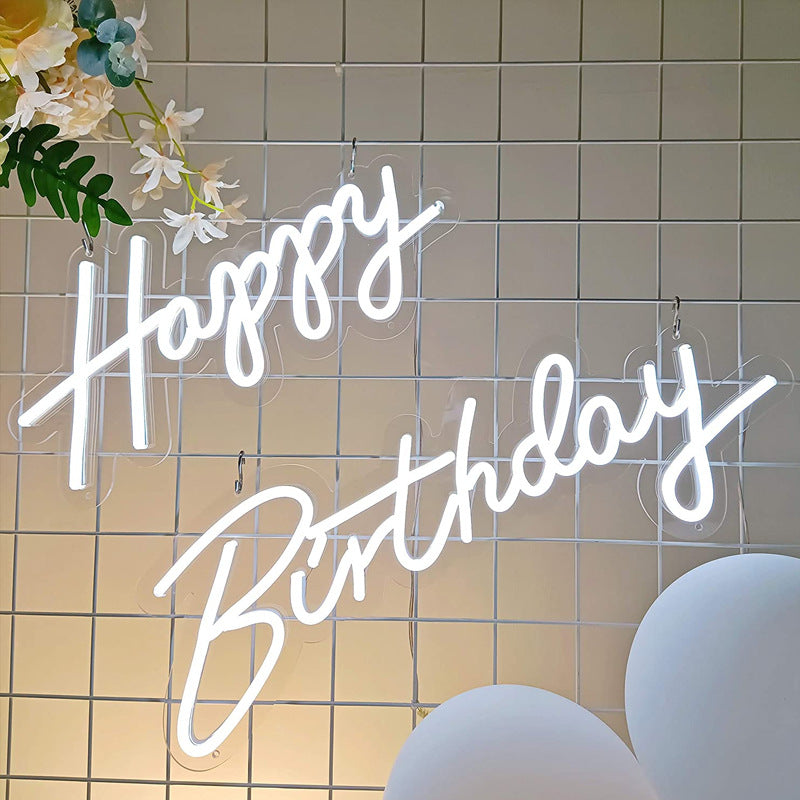 Happy Birthday Neon Sign - Holiday Party Decoration, White LED Light