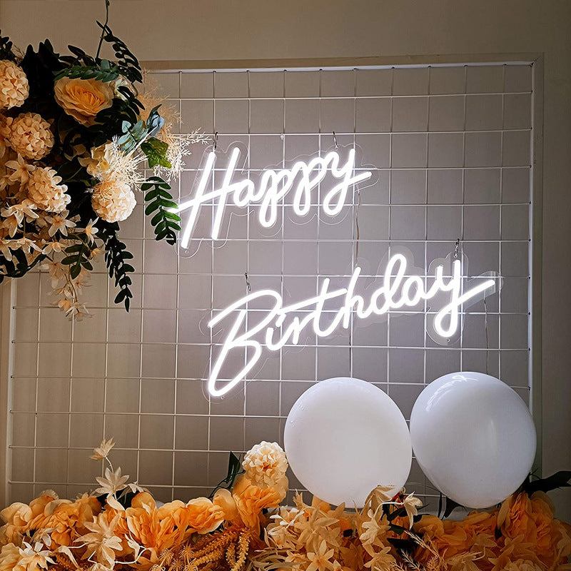 Happy Birthday Neon Sign - Holiday Party Decoration, White LED Light