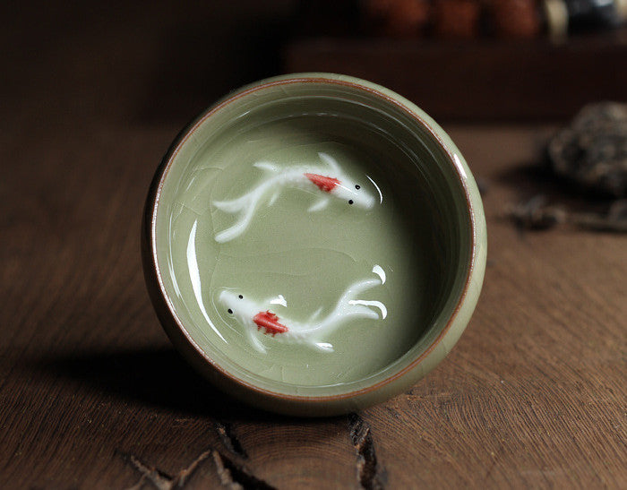 Celadon Tea Set with Fish-Shaped Tea Cups - Geyao Ice Cracked Glazed Small Tea Bowls