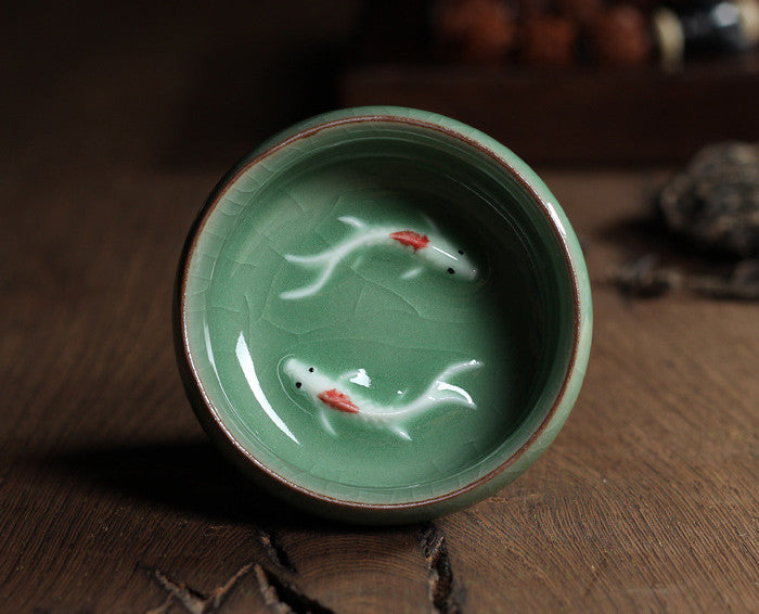 Celadon Tea Set with Fish-Shaped Tea Cups - Geyao Ice Cracked Glazed Small Tea Bowls