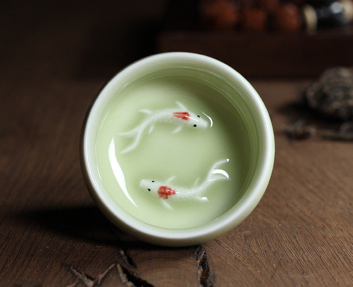 Celadon Tea Set with Fish-Shaped Tea Cups - Geyao Ice Cracked Glazed Small Tea Bowls