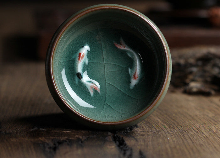 Celadon Tea Set with Fish-Shaped Tea Cups - Geyao Ice Cracked Glazed Small Tea Bowls