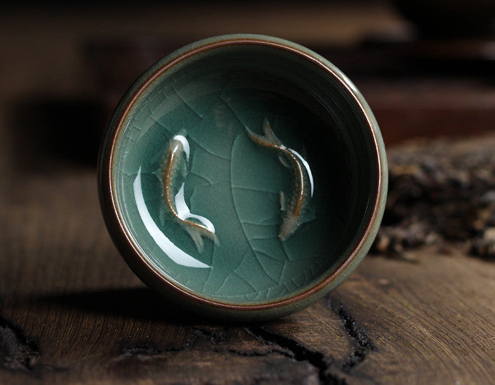 Celadon Tea Set with Fish-Shaped Tea Cups - Geyao Ice Cracked Glazed Small Tea Bowls