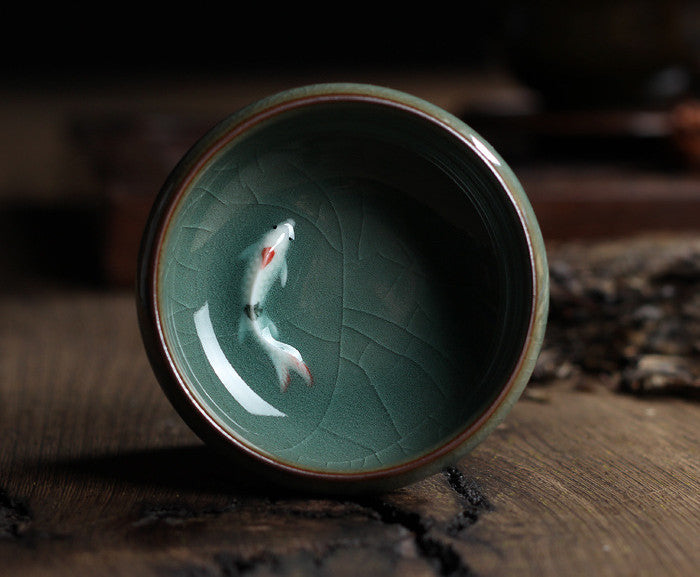 Celadon Tea Set with Fish-Shaped Tea Cups - Geyao Ice Cracked Glazed Small Tea Bowls