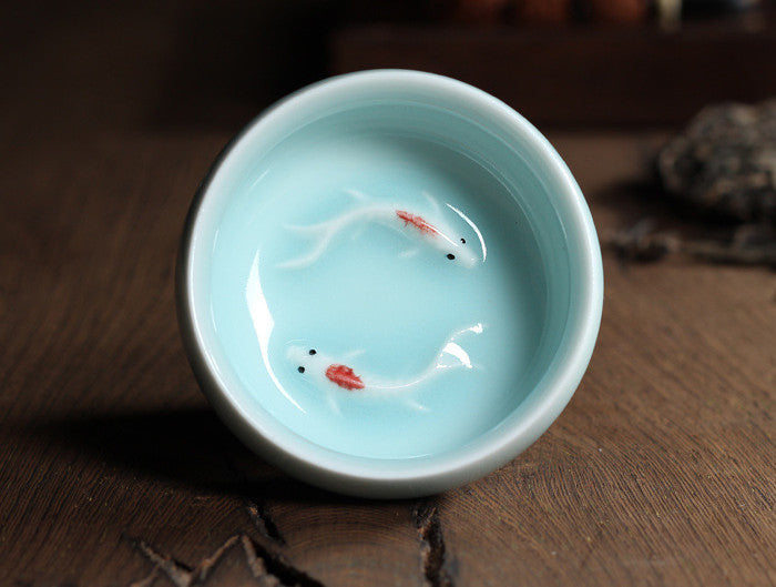 Celadon Tea Set with Fish-Shaped Tea Cups - Geyao Ice Cracked Glazed Small Tea Bowls