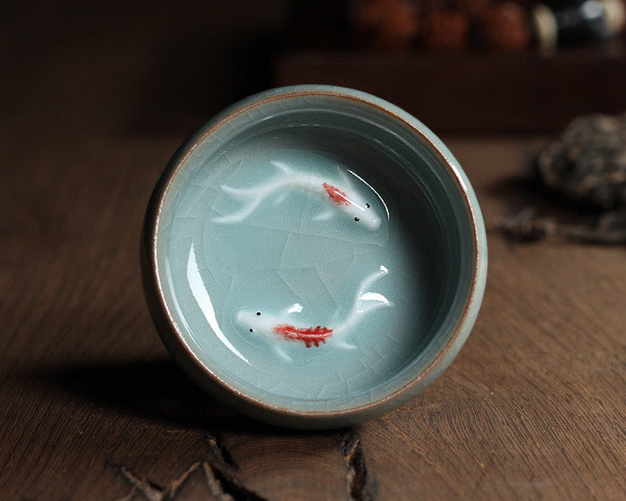 Celadon Tea Set with Fish-Shaped Tea Cups - Geyao Ice Cracked Glazed Small Tea Bowls