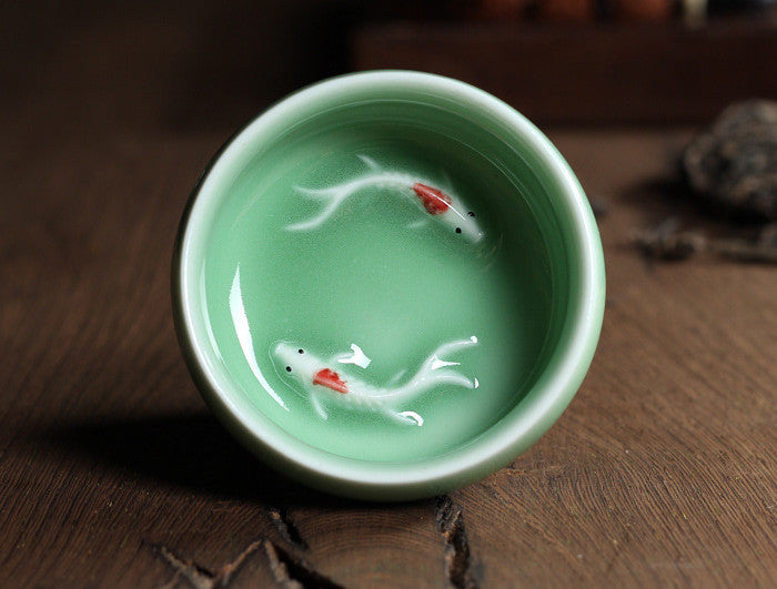 Celadon Tea Set with Fish-Shaped Tea Cups - Geyao Ice Cracked Glazed Small Tea Bowls