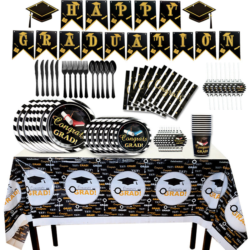 Disposable Graduation Theme Tableware Set – Plates, Cups & More for Party