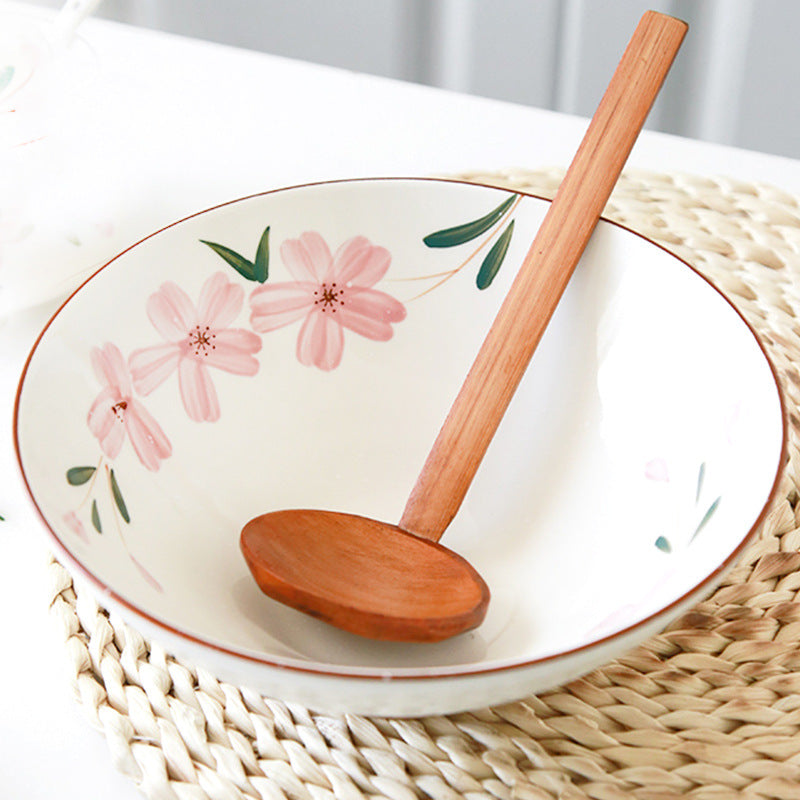 Japanese Hand-Painted Sakura Ceramic Noodle Bowl with Spoon - White