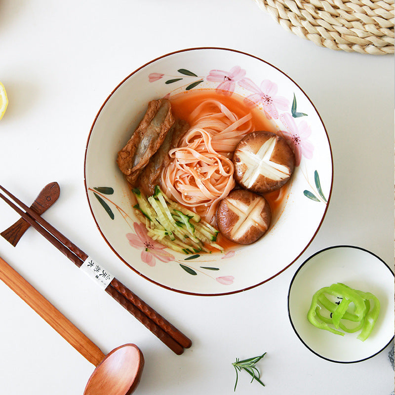 Japanese Hand-Painted Sakura Ceramic Noodle Bowl with Spoon - White