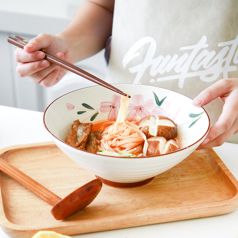 Japanese Hand-Painted Sakura Ceramic Noodle Bowl with Spoon - White