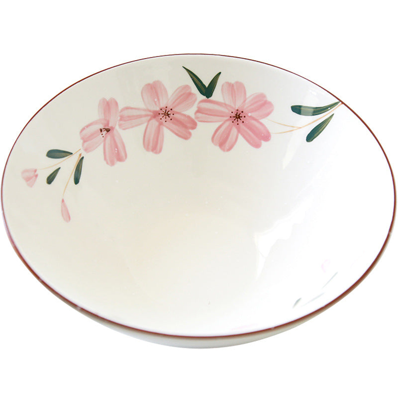 Japanese Hand-Painted Sakura Ceramic Noodle Bowl with Spoon - White
