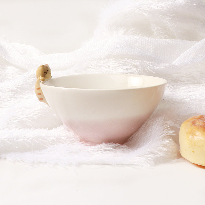 Cute Cat Cartoon Ceramic Bowl Set - 3 Color Variations for Kitchen & Dining