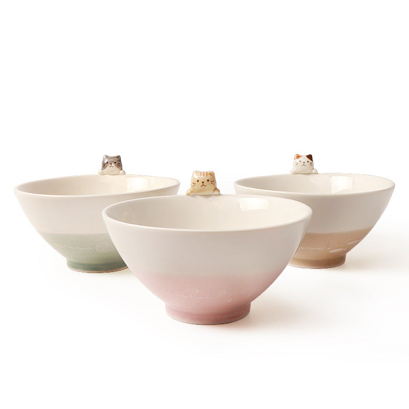 Cute Cat Cartoon Ceramic Bowl Set - 3 Color Variations for Kitchen & Dining