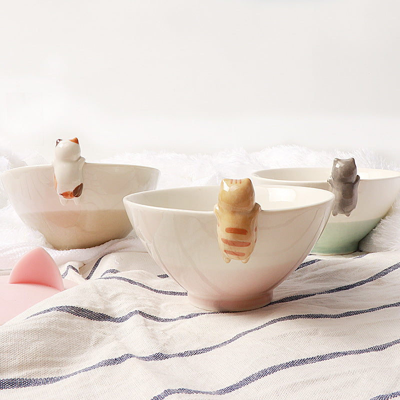 Cute Cat Cartoon Ceramic Bowl Set - 3 Color Variations for Kitchen & Dining