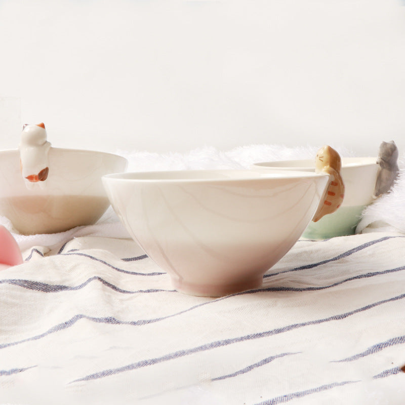 Cute Cat Cartoon Ceramic Bowl Set - 3 Color Variations for Kitchen & Dining