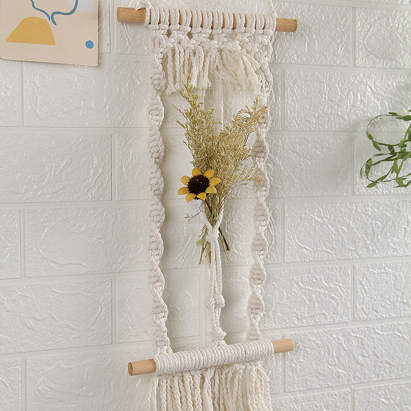 Woven Cotton Rope Wall Hanging with Dried Flowers - European Style, 20x45CM