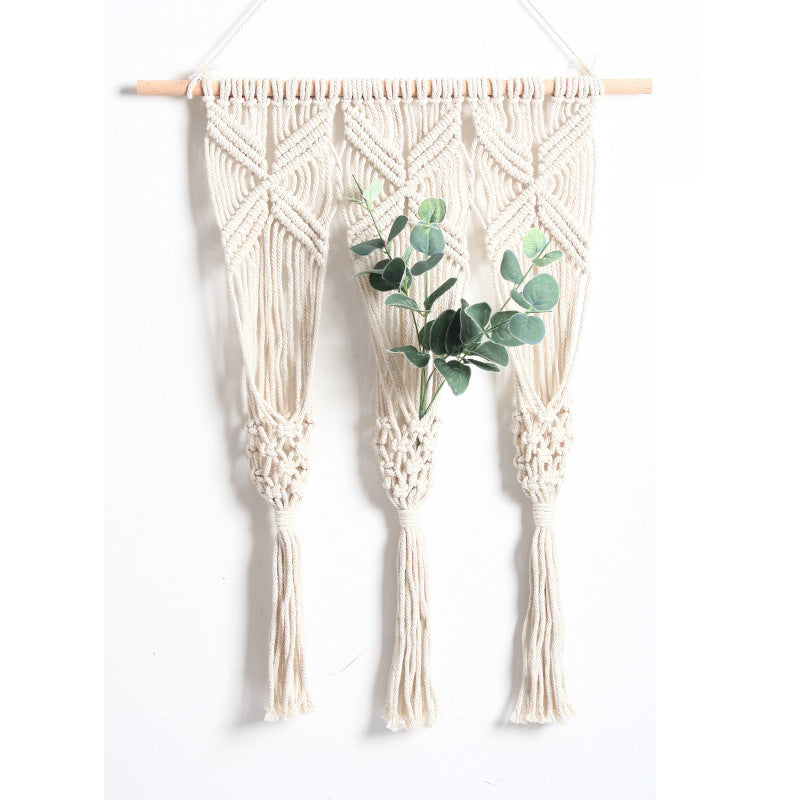 Woven Bohemian Dried Flower Pot Rack - Handcrafted Cotton Wall Decor