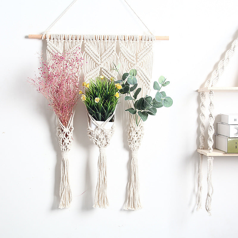 Woven Bohemian Dried Flower Pot Rack - Handcrafted Cotton Wall Decor