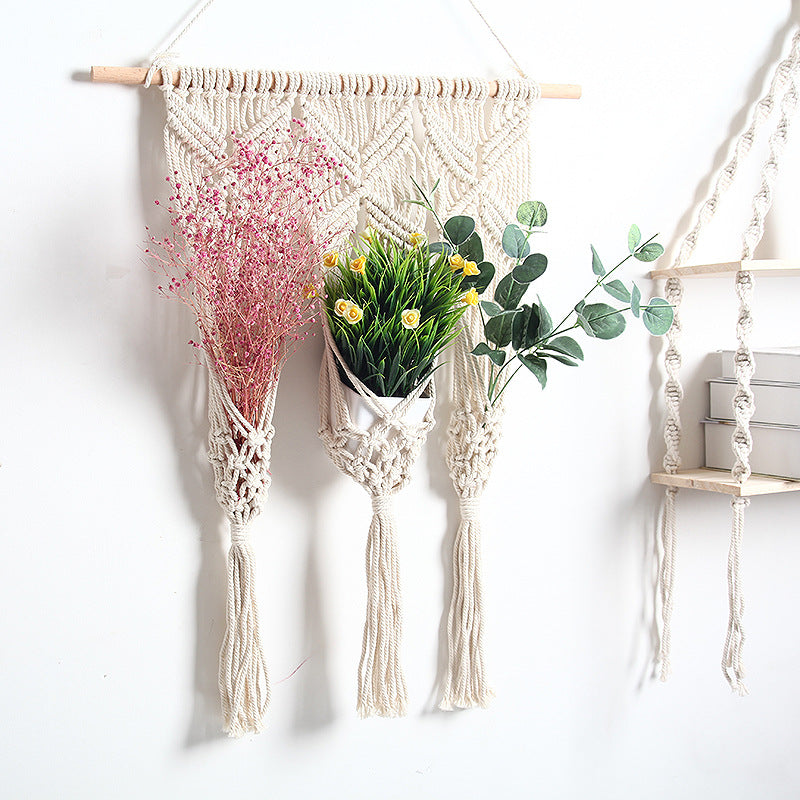 Woven Bohemian Dried Flower Pot Rack - Handcrafted Cotton Wall Decor