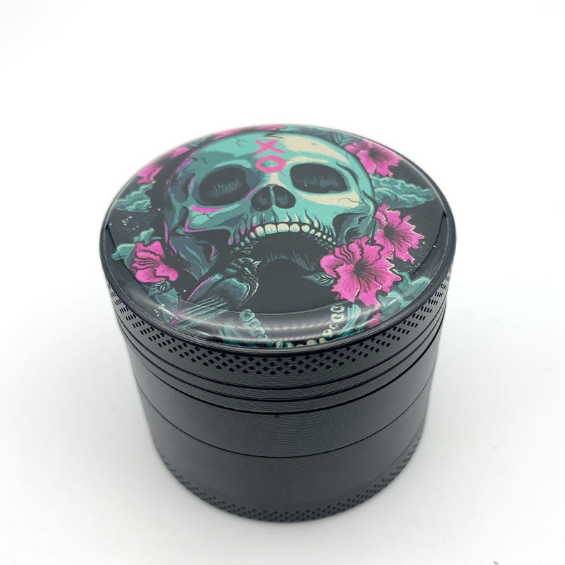 Herbal Skull Pattern Aluminum Cigarette Grinder with Multi-Functional Features