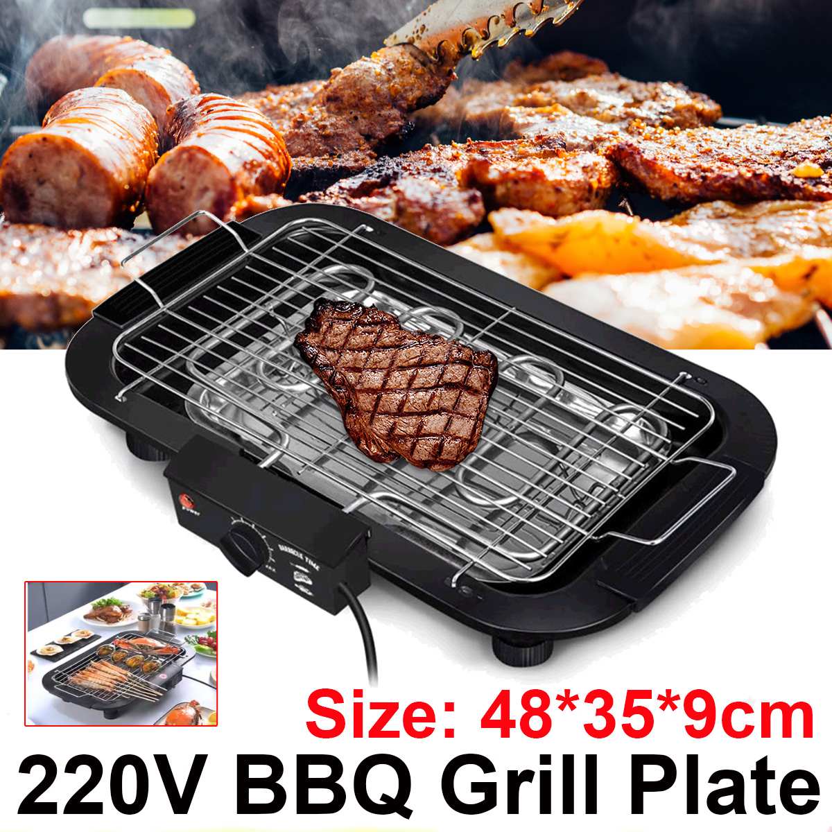 Electric Indoor Grill with Smokeless Non-Stick Surface for Home & Outdoor Use