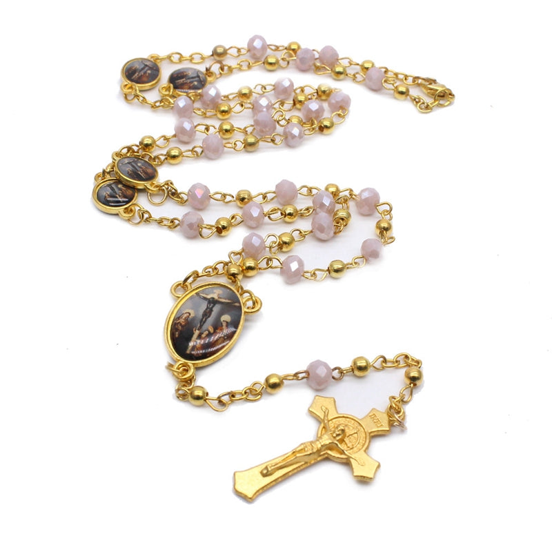 Crystal Rosary Necklace for Women Long Cross Pendant Religious Jewelry