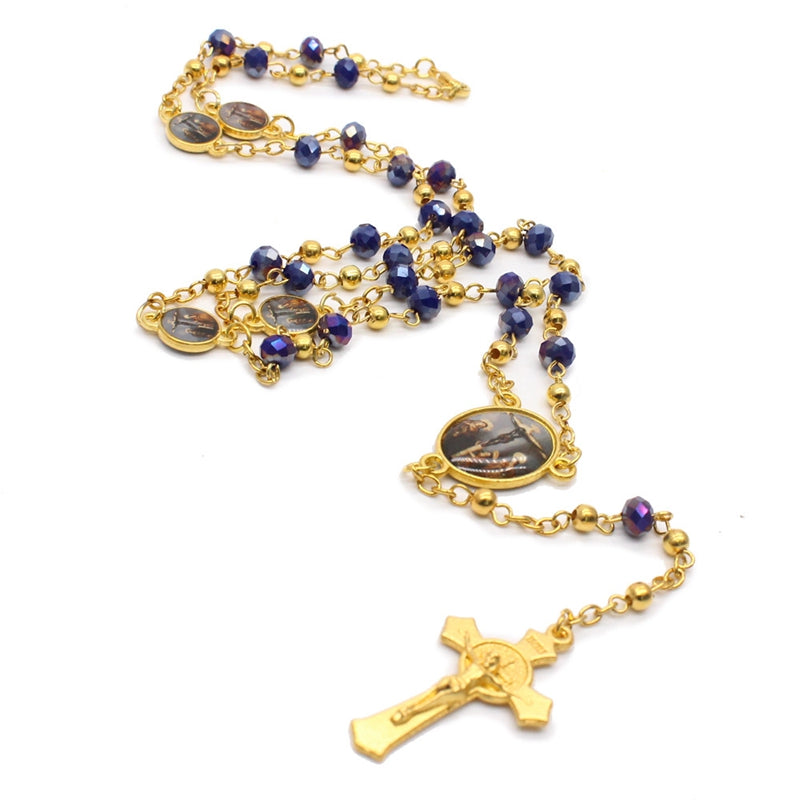Crystal Rosary Necklace for Women Long Cross Pendant Religious Jewelry