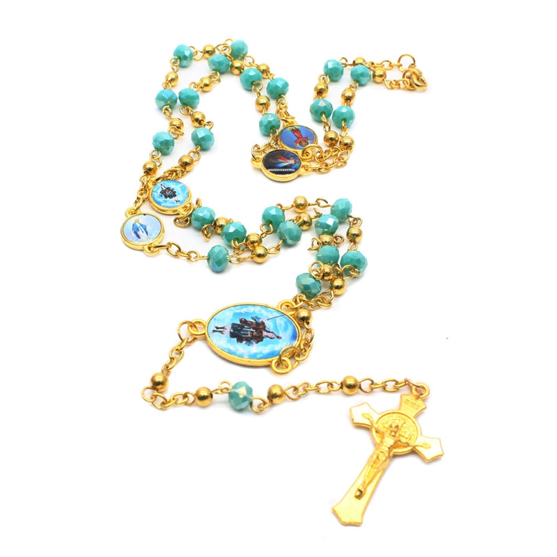 Crystal Rosary Necklace for Women Long Cross Pendant Religious Jewelry