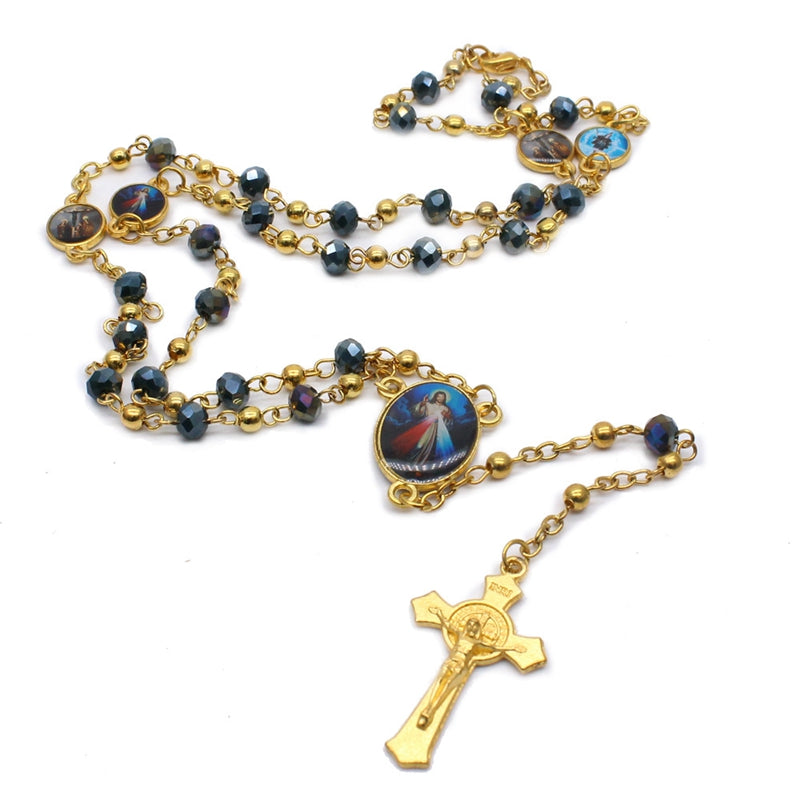 Crystal Rosary Necklace for Women Long Cross Pendant Religious Jewelry