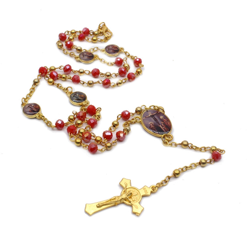 Crystal Rosary Necklace for Women Long Cross Pendant Religious Jewelry